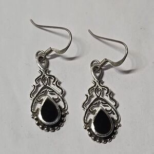 Sterling Silver Dangel Drop Earrings Black Onyx Teardrop Gemstone Design